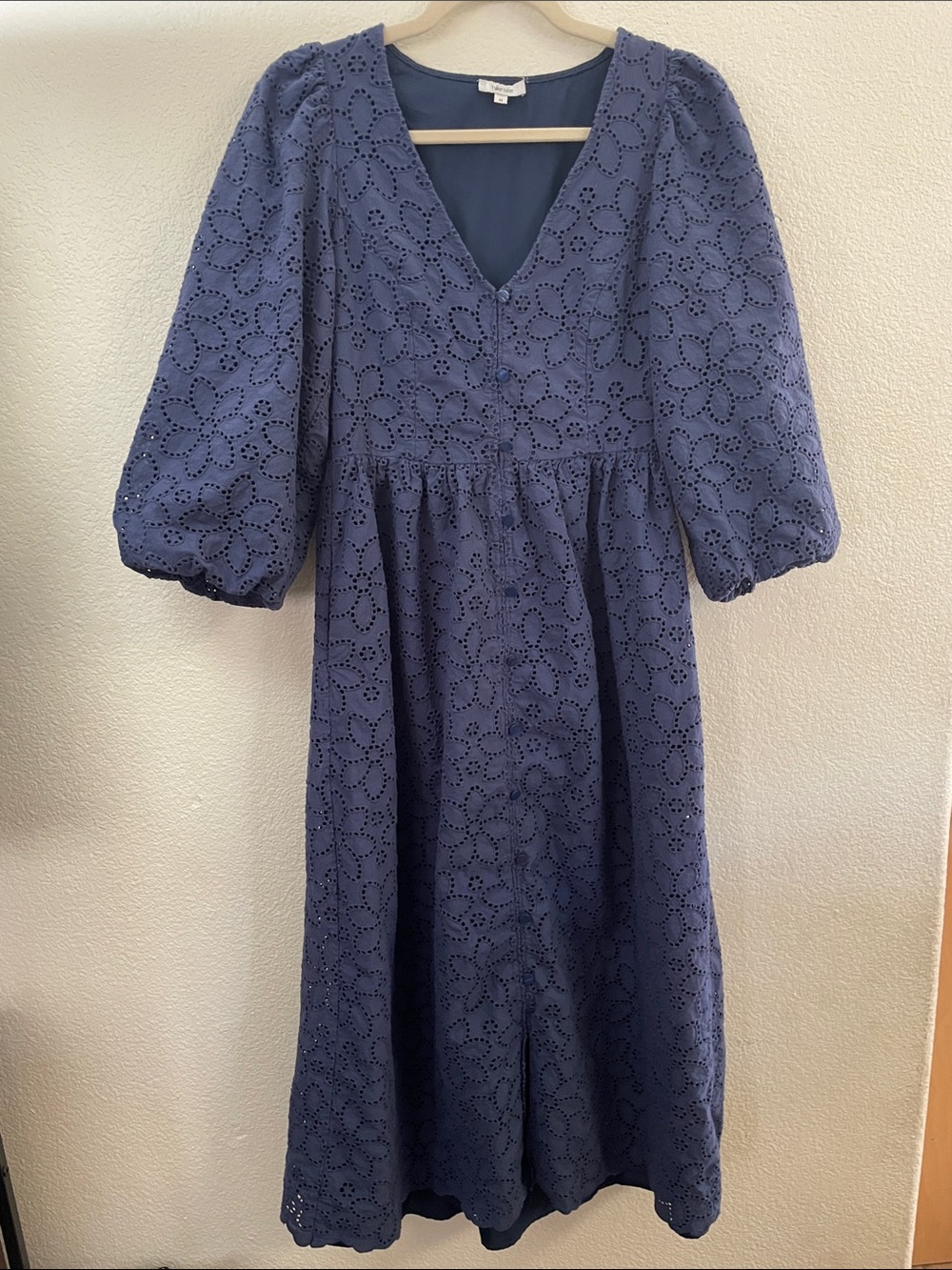 Tyler Boe Navy Eyelet V-Neck Midi Dress Puff Sleeves pockets 17x30x45